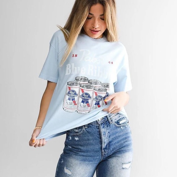 Pabst Blue Ribbon Tops - PABST BLUE RIBBON Light Blue Distressed Tee